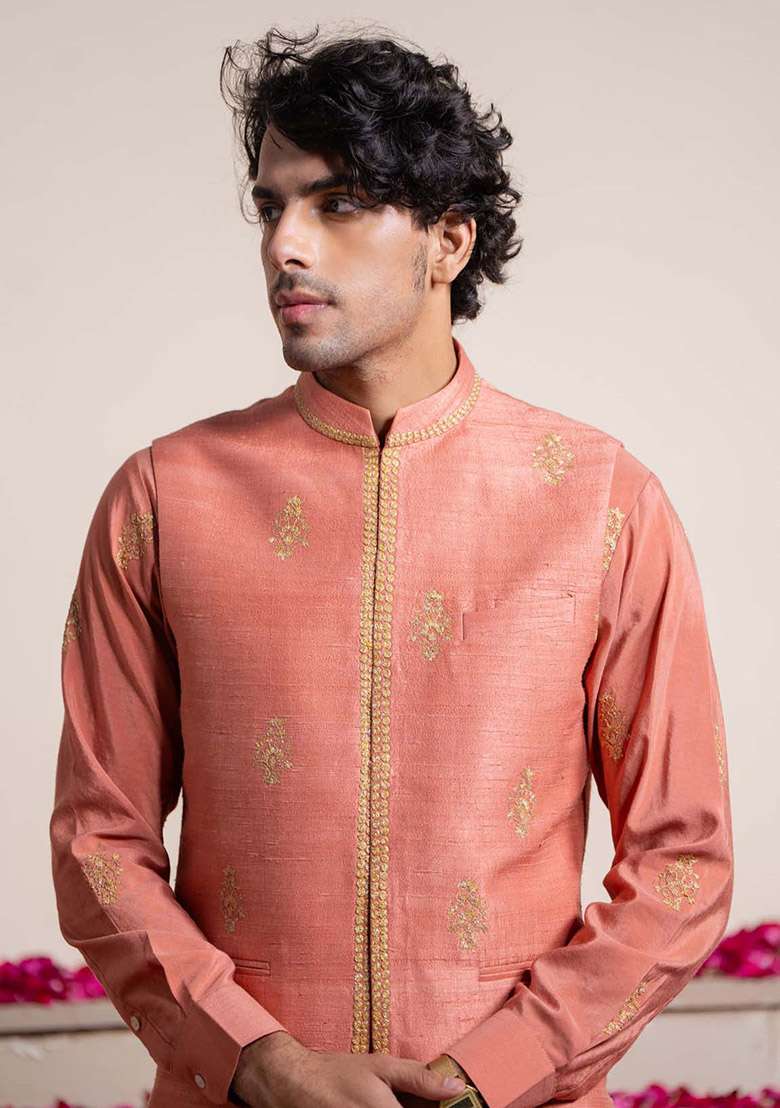 Rust Cheeku Embroidered Bundi Jacket And Kurta For Men - Indya