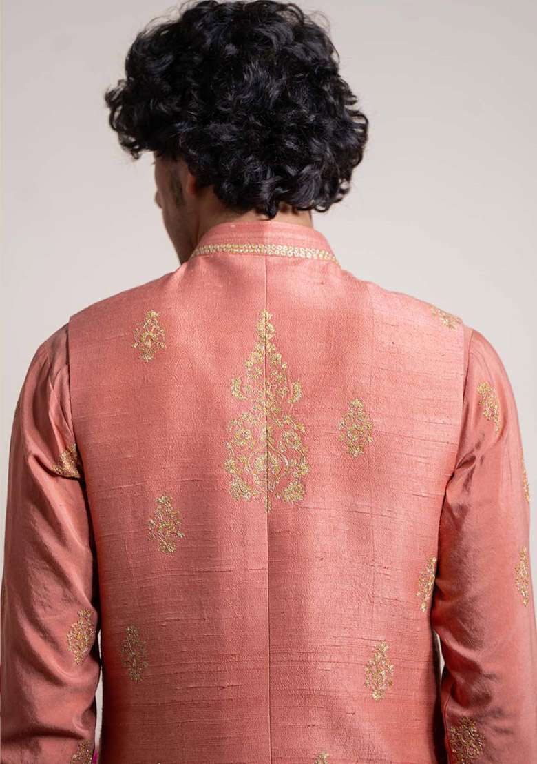 Rust Cheeku Embroidered Bundi Jacket And Kurta For Men - Indya
