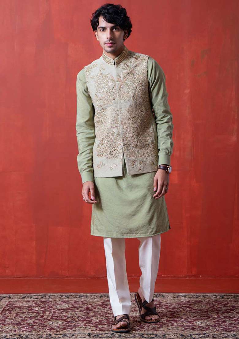 Green Embroidered Bundi Jacket And Kurta For Men - Indya