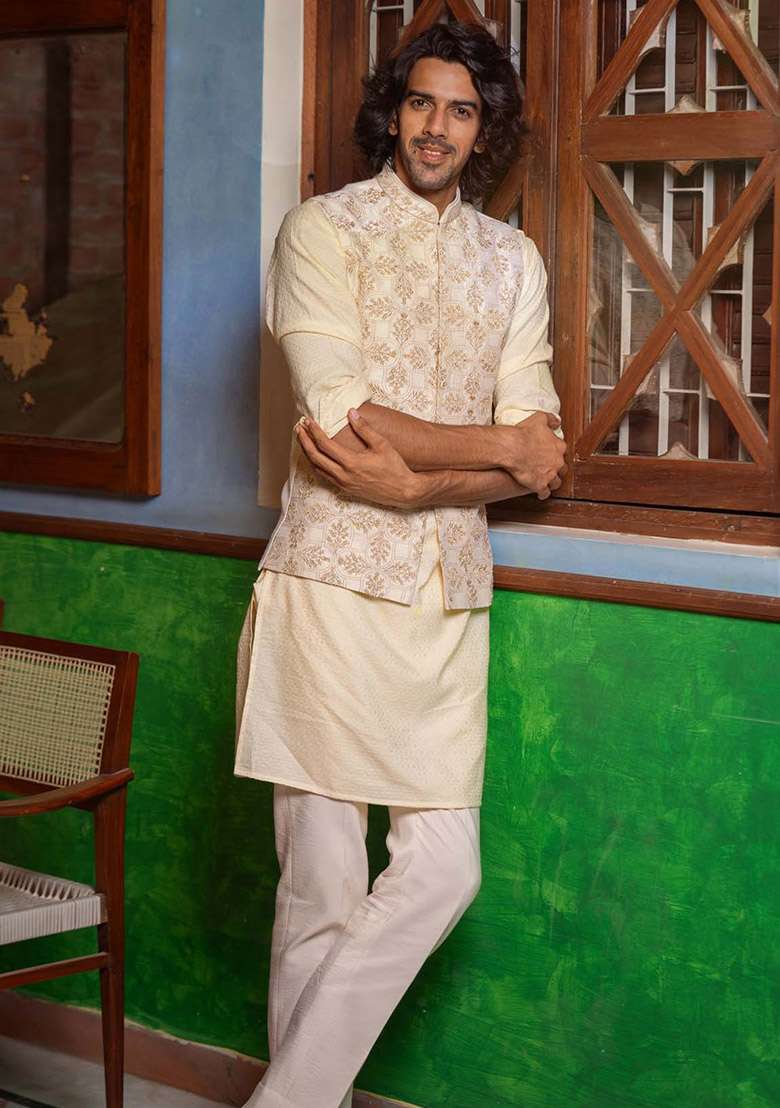 Beige Embroidered Bundi Jacket And Kurta For Men - Indya