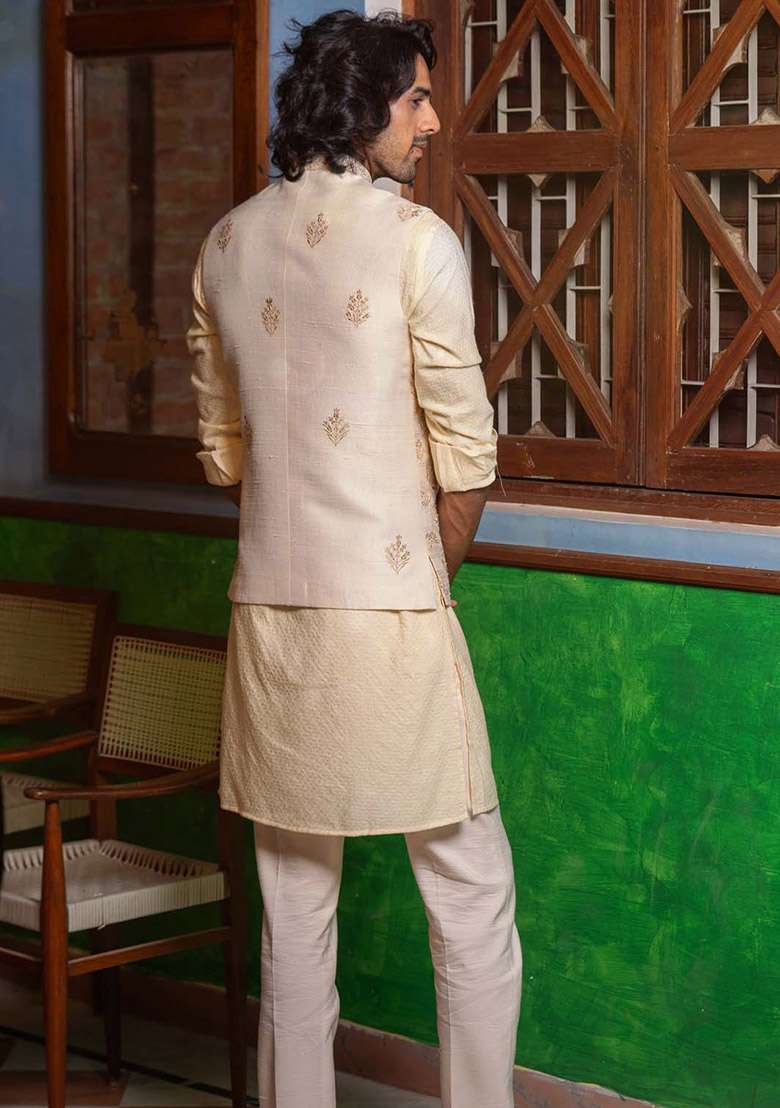 Beige Embroidered Bundi Jacket And Kurta For Men - Indya