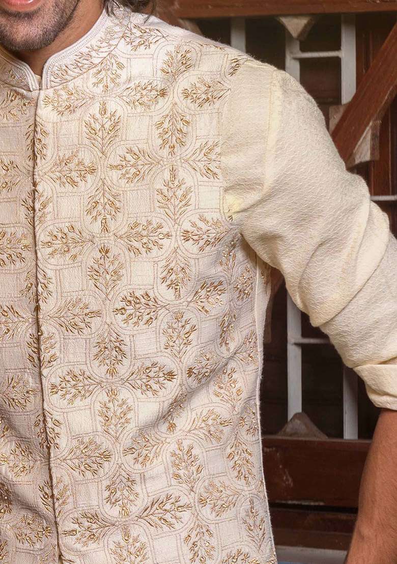 Beige Embroidered Bundi Jacket And Kurta For Men - Indya