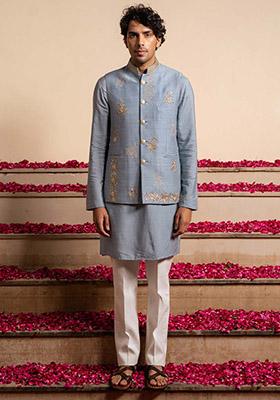 Blue Embroidered Bundi Jacket And Kurta For Men