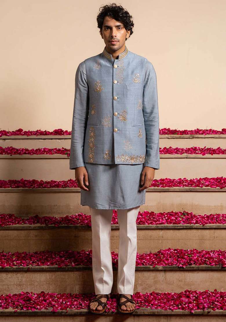 Blue Embroidered Bundi Jacket And Kurta For Men - Indya