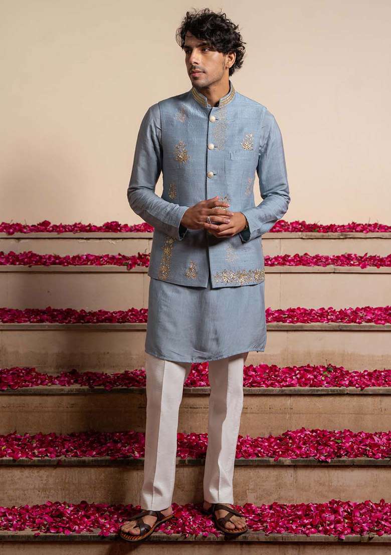 Blue Embroidered Bundi Jacket And Kurta For Men - Indya