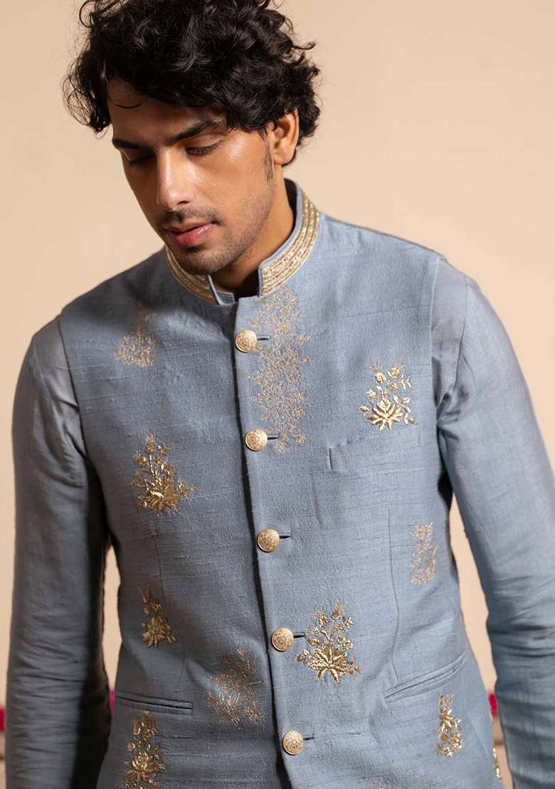 Blue Embroidered Bundi Jacket And Kurta For Men - Indya