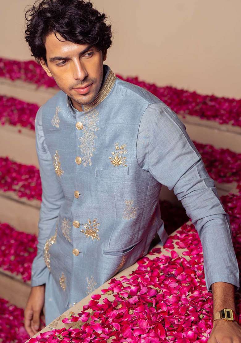 Blue Embroidered Bundi Jacket And Kurta For Men - Indya