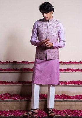 Purple Ombre Embroidered Bundi Jacket And Kurta For Men
