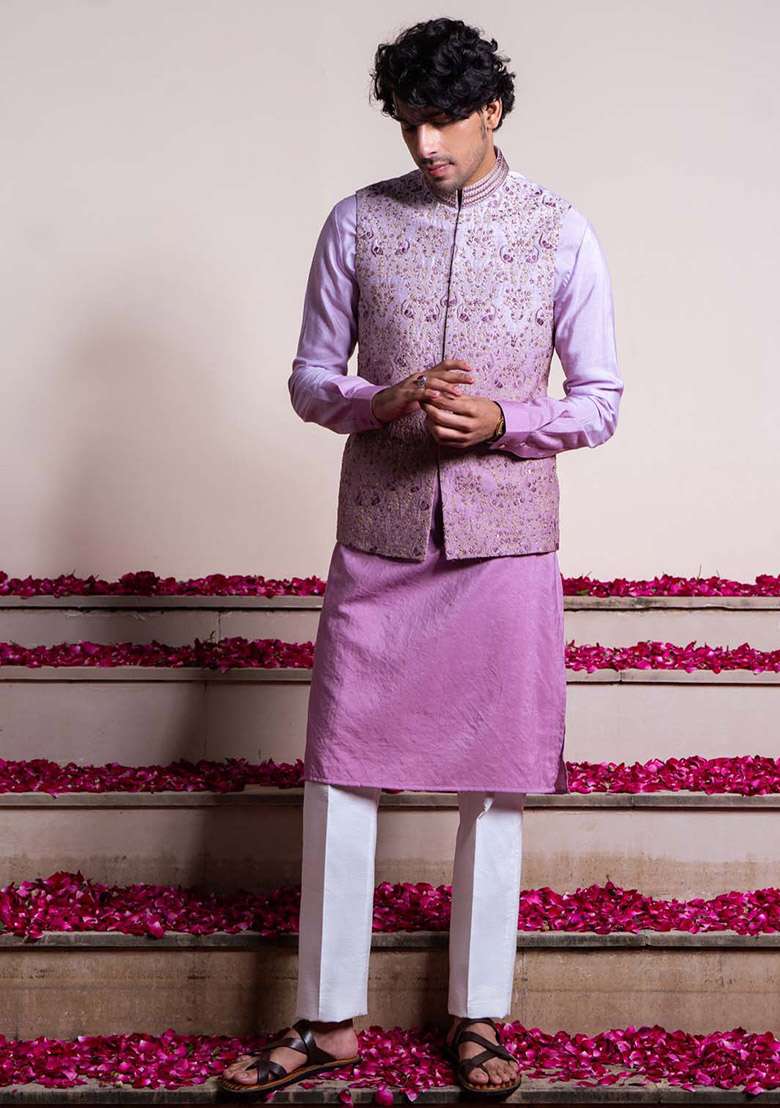 Purple Ombre Embroidered Bundi Jacket And Kurta For Men - Indya