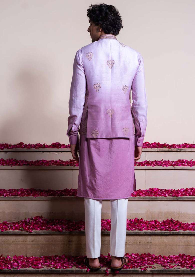 Purple Ombre Embroidered Bundi Jacket And Kurta For Men - Indya