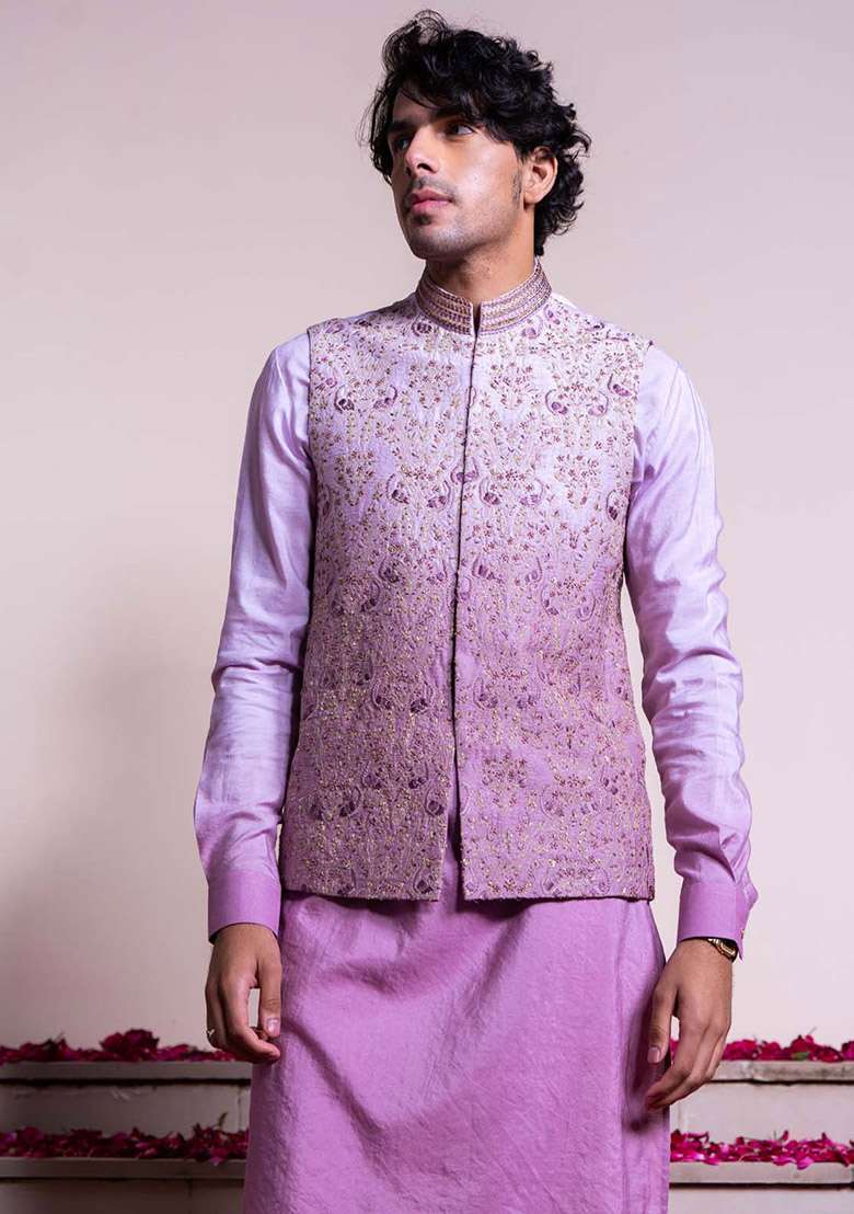 Purple Ombre Embroidered Bundi Jacket And Kurta For Men - Indya