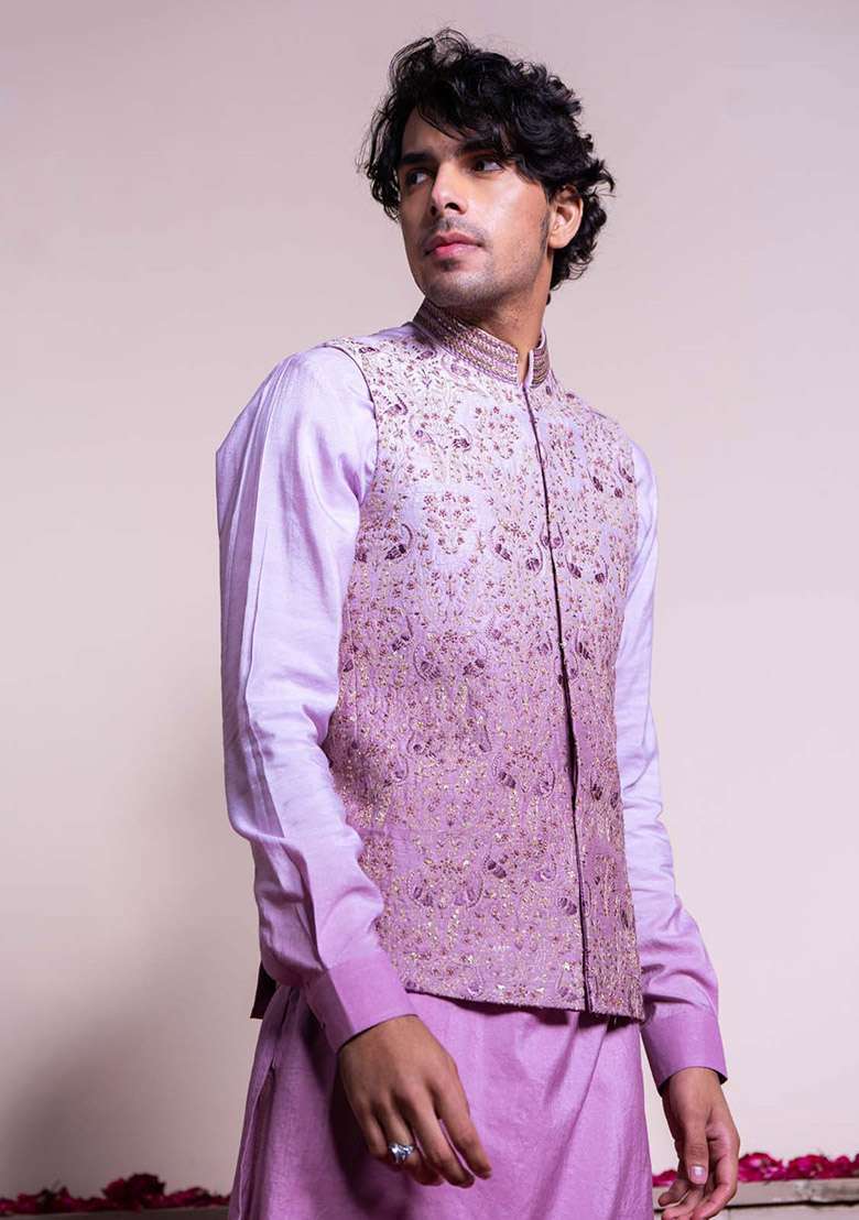 Purple Ombre Embroidered Bundi Jacket And Kurta For Men - Indya