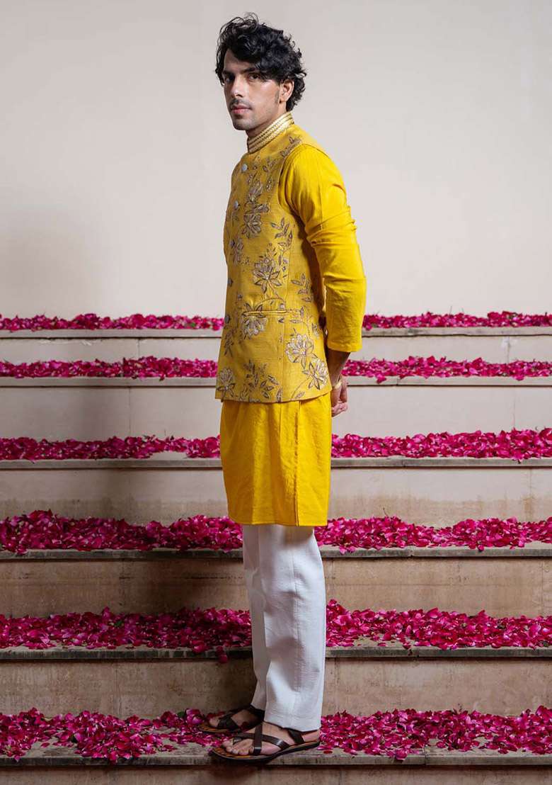 Yellow Embroidered Bundi Jacket And Kurta For Men - Indya