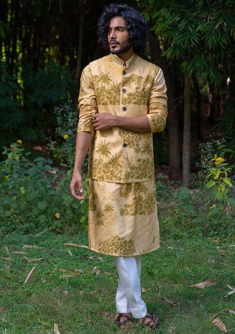 Yellow And Green Bundi Digital Print Jacket And Kurta For Men - Indya