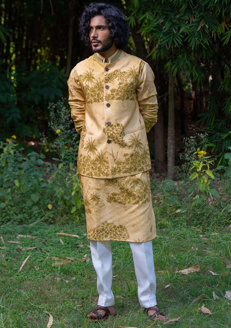 Yellow And Green Bundi Digital Print Jacket And Kurta For Men - Indya