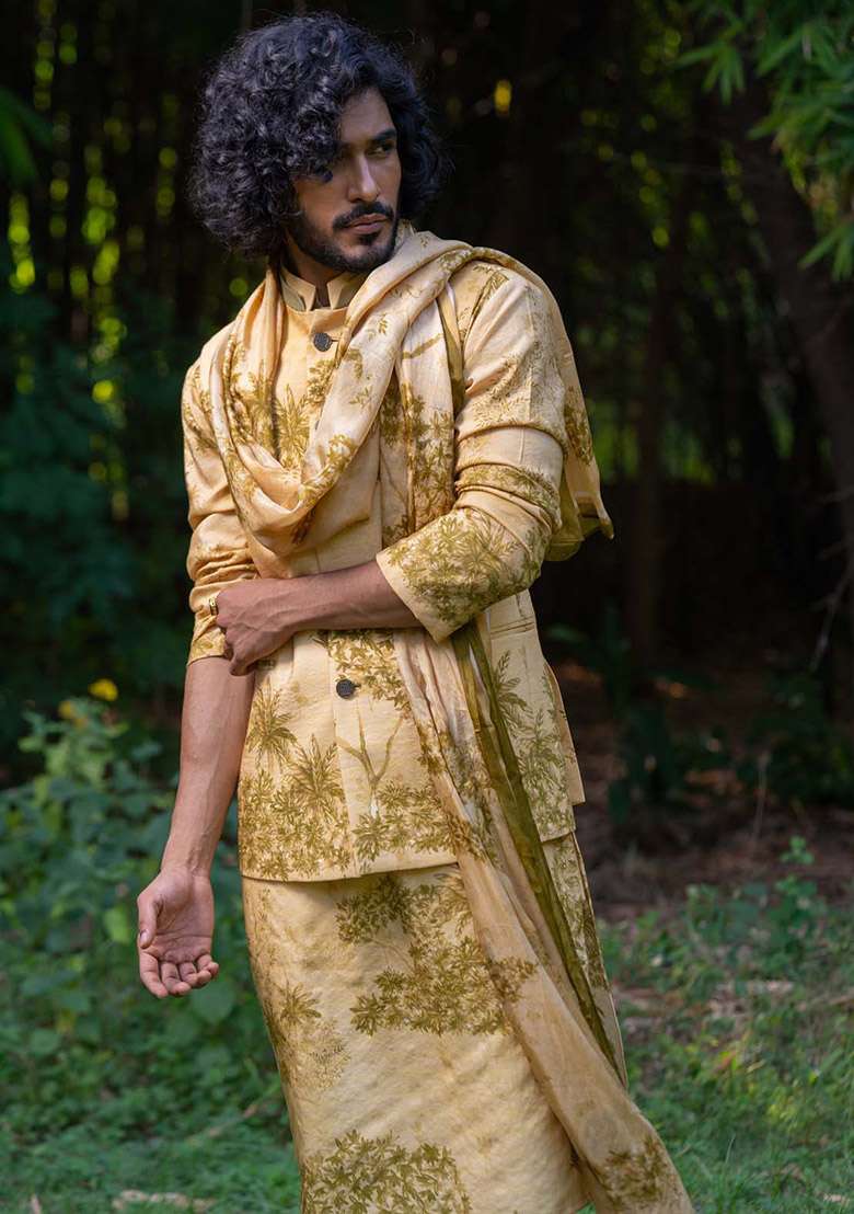 Yellow And Green Bundi Digital Print Jacket And Kurta For Men - Indya