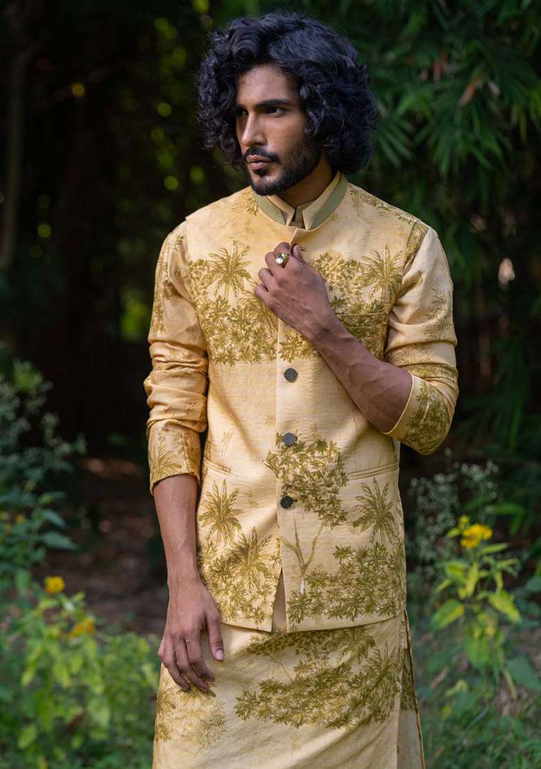 Yellow And Green Bundi Digital Print Jacket And Kurta For Men - Indya