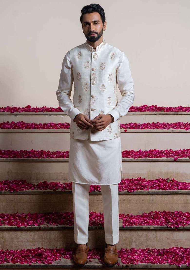 White Embroidered Bundi Jacket And Kurta For Men - Indya
