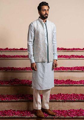 Ice Blue Embroidered Bundi Jacket And Kurta For Men