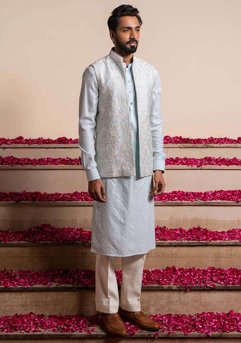 Ice Blue Embroidered Bundi Jacket And Kurta For Men - Indya