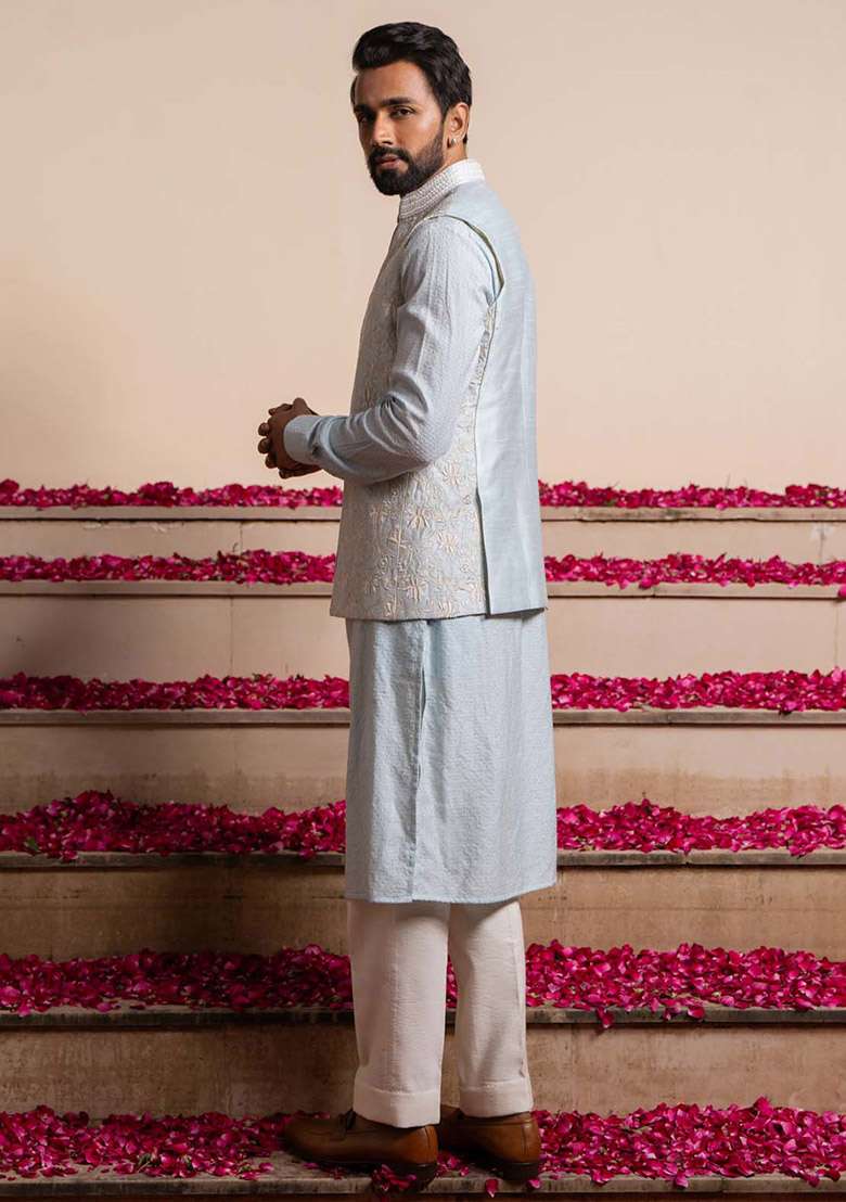 Ice Blue Embroidered Bundi Jacket And Kurta For Men - Indya