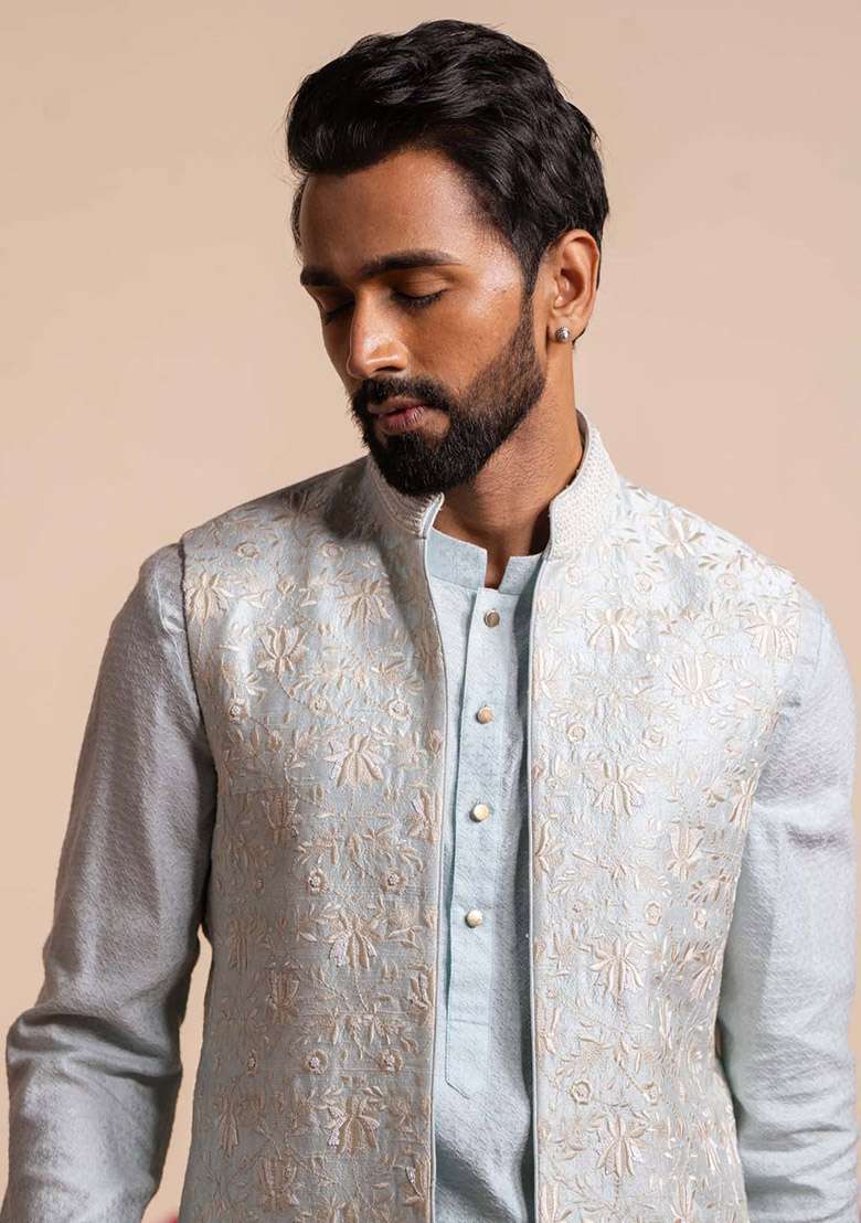 Ice Blue Embroidered Bundi Jacket And Kurta For Men - Indya