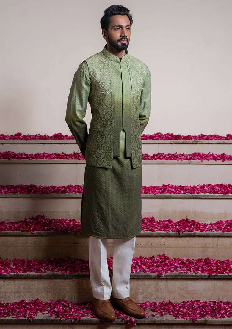 Green Ombre Embroidered Bundi Jacket And Kurta For Men - Indya