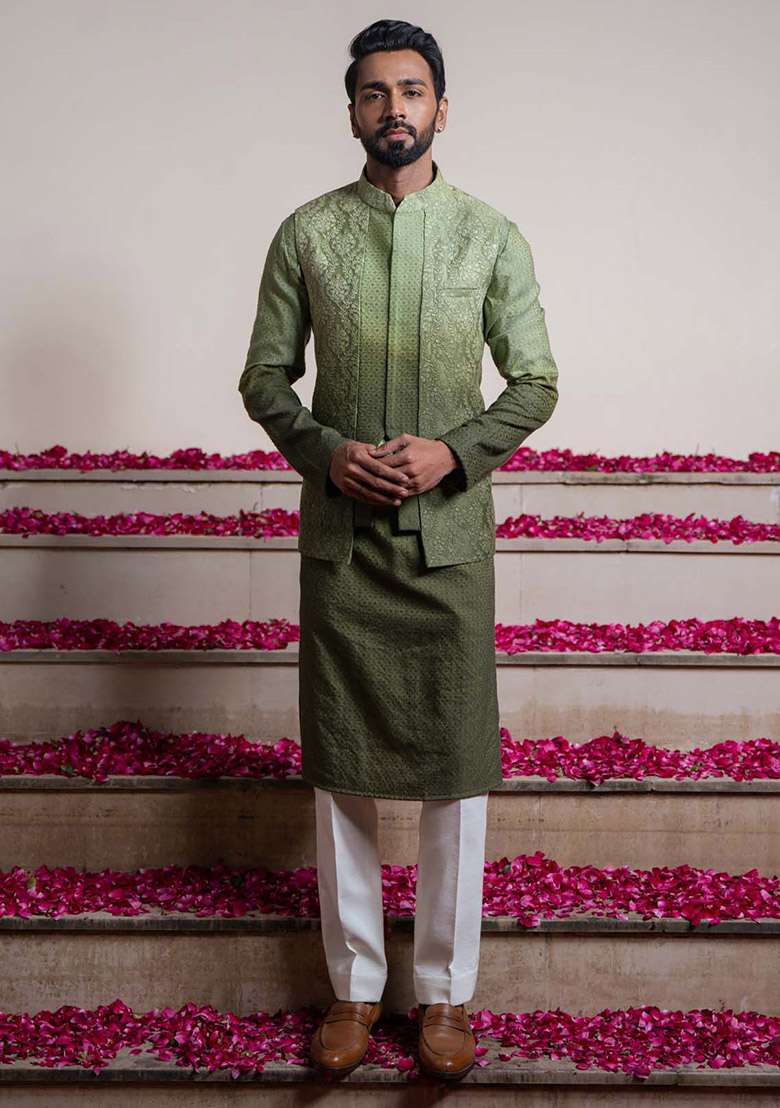 Green Ombre Embroidered Bundi Jacket And Kurta For Men - Indya