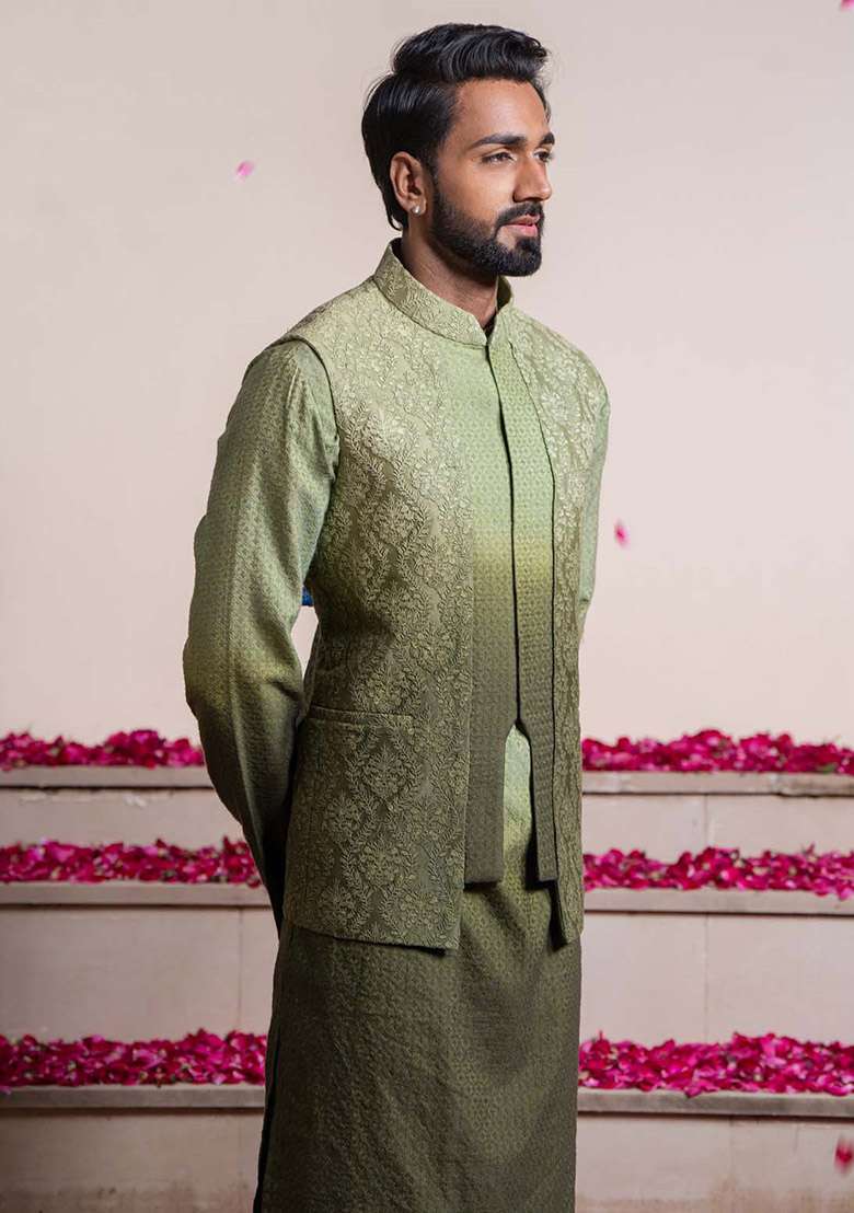 Green Ombre Embroidered Bundi Jacket And Kurta For Men - Indya