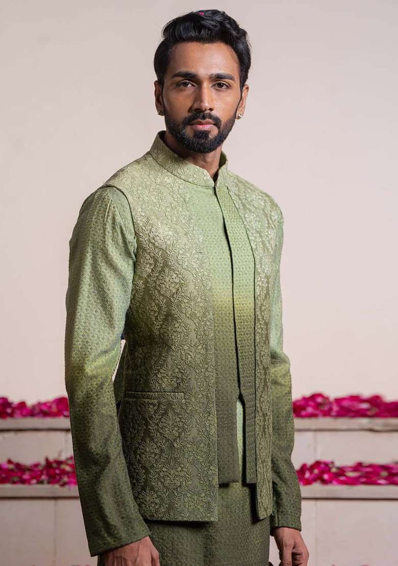 Green Ombre Embroidered Bundi Jacket And Kurta For Men - Indya