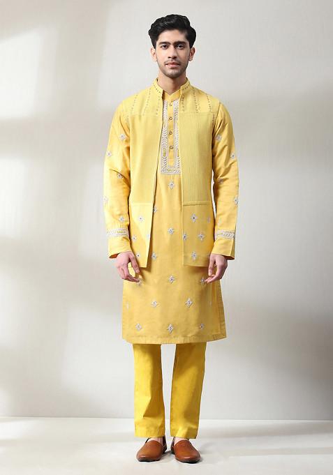 Yellow Embroidered Work Jacket And Kurta Set For Men