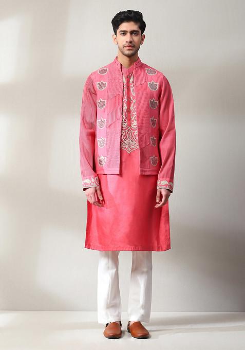 Dark Pink Embroidered Jacket And Kurta Set For Men