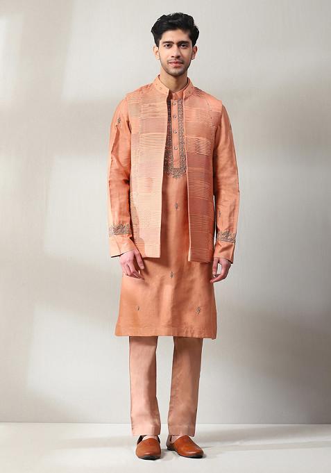 Peach Embroidered Jacket And Kurta Set For Men