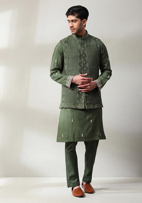 Mehendi Green Embroidered Jacket And Kurta Set For Men