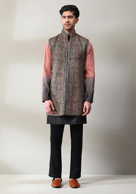 Black And Multicolour Embroidered Jacket And Kurta Set For Men
