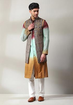 Multicolour Embroidered Jacket And Kurta Set For Men