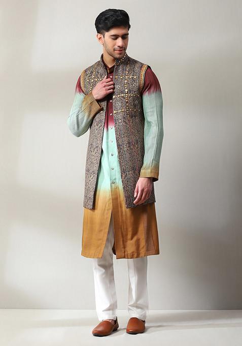 Multicolour Embroidered Jacket And Kurta Set For Men