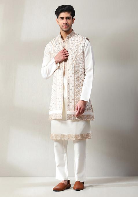Off White Embroidered Jacket And Kurta Set For Men