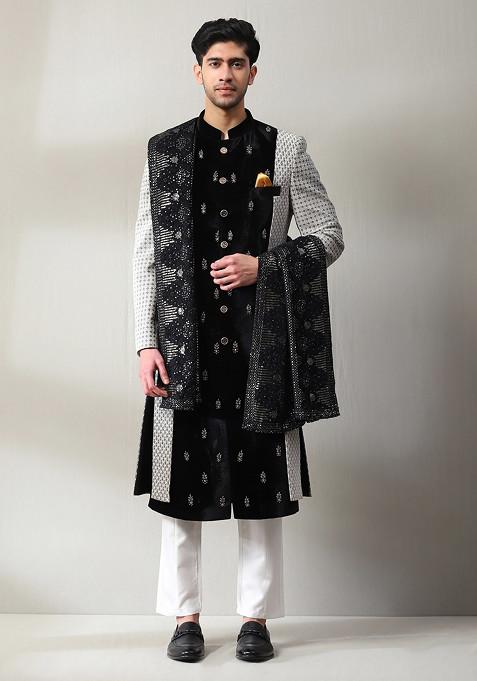 Greyish Black Embroidered Jacket And Kurta Set For Men
