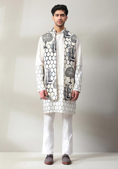 Off White Embroidered Handloom Jacket And Kurta Set For Men