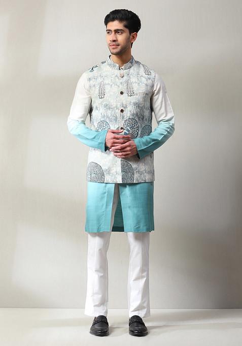 Light Blue Embroidered Handloom Jacket And Kurta Set For Men