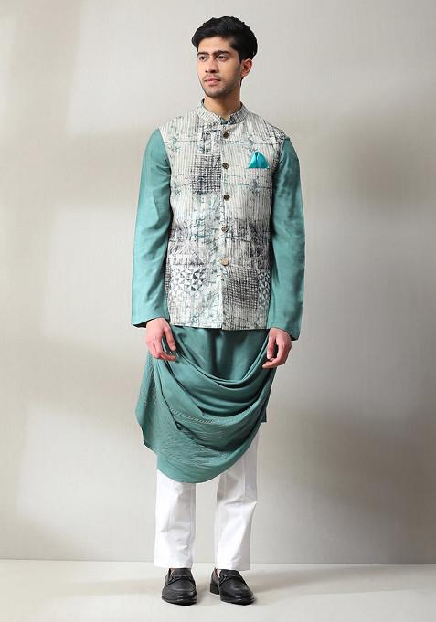 Blue Embroidered Handloom Jacket And Kurta Set For Men