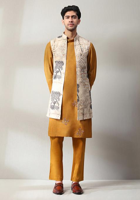 Mustard Embroidered Handloom Jacket And Kurta Set For Men