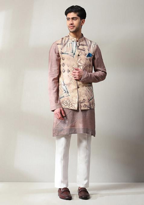 Peach Embroidered Handloom Jacket And Kurta Set For Men