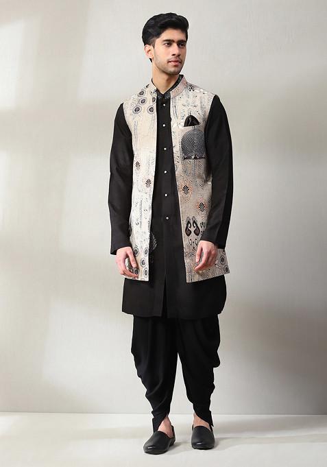 Black Embroidered Handloom Jacket And Kurta Set For Men