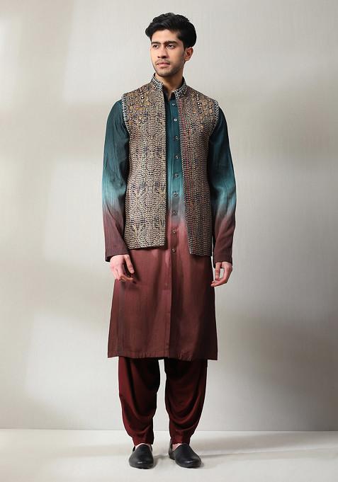 Multicolour Embroidered Handloom Jacket And Kurta Set For Men