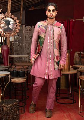 Purple And Multicolour Mirror Work Kurta Set For Men