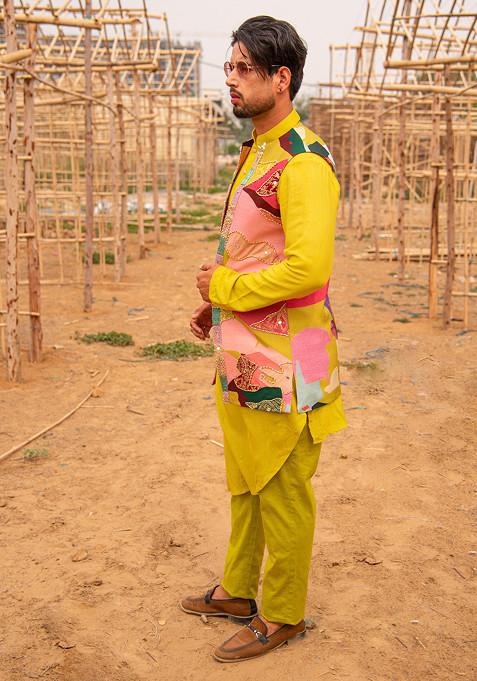 Yellow And Multicolour Floral Print Jacket And Kurta Set For Men