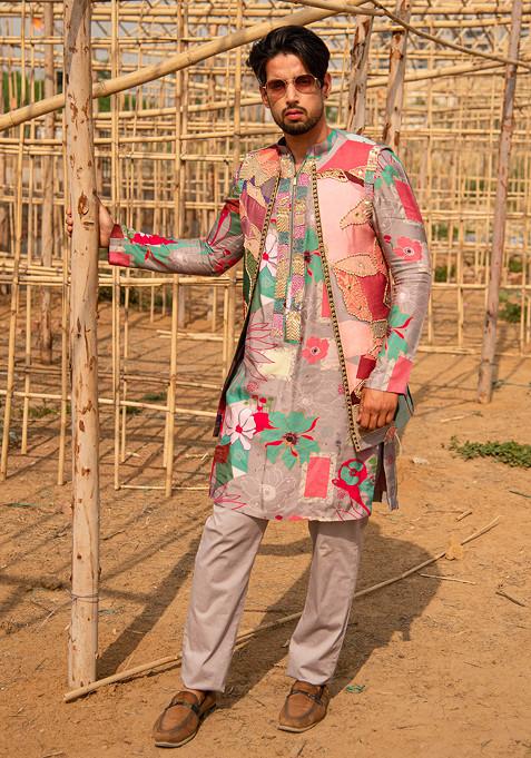 Grey And Multicolour Floral Print Jacket And Kurta Set For Men