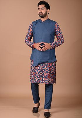 Sapphire Blue Ikat Print Kurta Set With Asymmetrical Bundi Jacket For Men